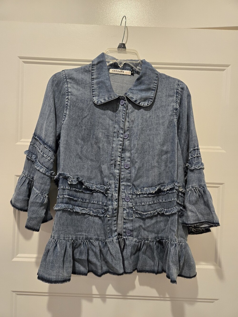 Nwt Origami Women's Denim Ruffle Top